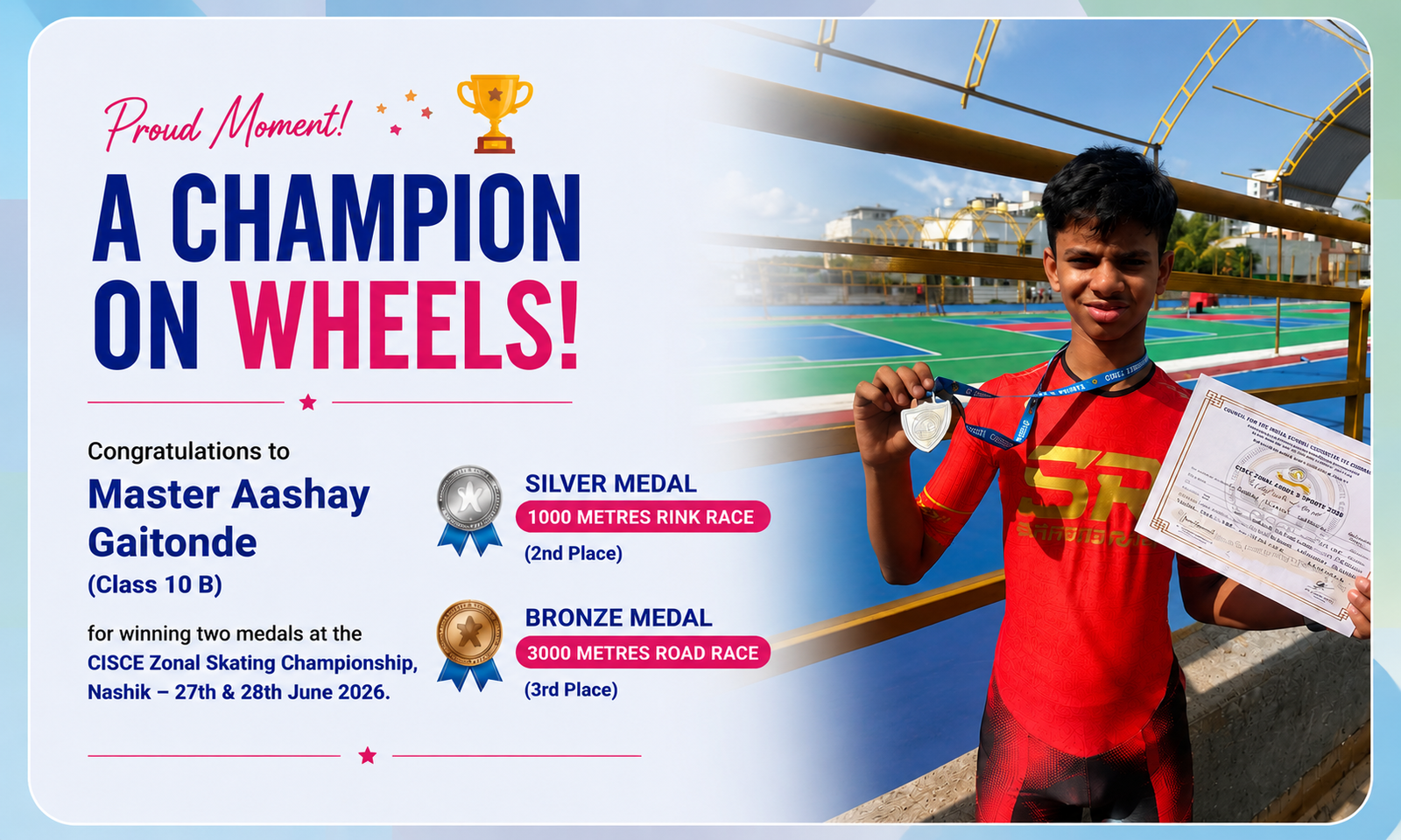 Aashay Gaitonde Wins Two Medals at CISCE Zonal Skating Championship 2026